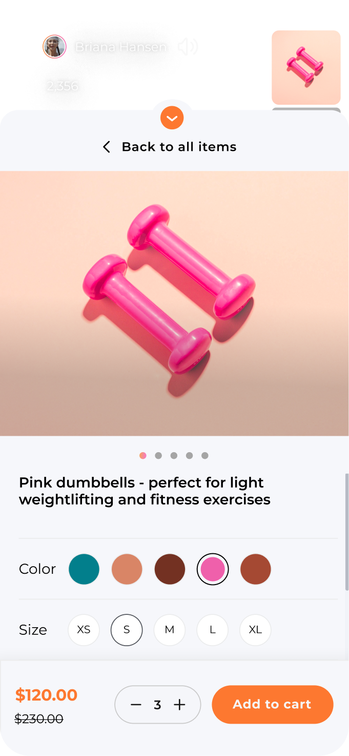 Pair of pink dumbbells on a light peach background, shown in an online store interface with color and size options available.